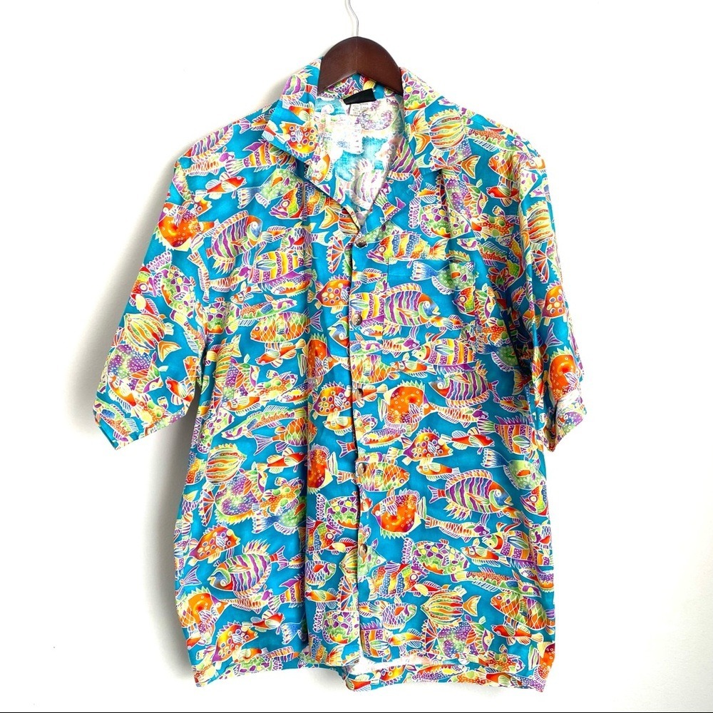 TOUCAN DANCE Mens Medium Vintage Colorful Fish Short Sleeve Hawaiian Button Up